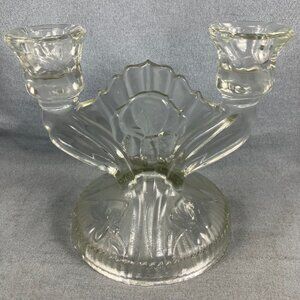 Depression Glass Jeannette Clear Iris & Herringbone Antique Double Candle Holder